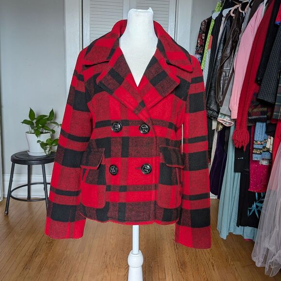 American Eagle Wool Blend Coat Red Plaid Double Breasted Winter Jacket Size M - Picture 1 of 10
